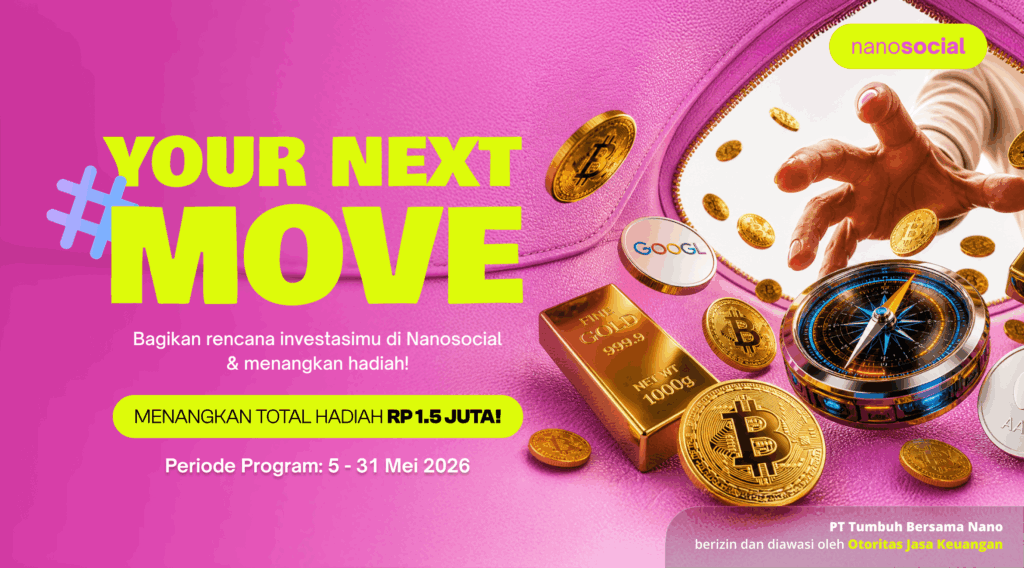 Promotional banner for Nanosocial with bold "YOUR NEXT MOVE" text, yellow on pink, plus coins, a compass, and a gold bar background image.