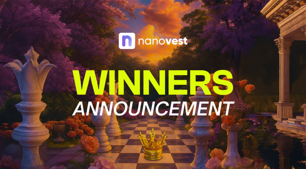 Banner announcing Nanovest winners with bold lime-green 'WINNERS' over a floral chessboard and gold crown centerpiece.
