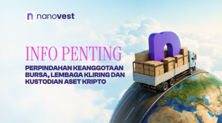 Nanovest banner with pink 'INFO PENTING' text and Indonesian subtitle about membership transfers and crypto custody, shown as a truck on a globe