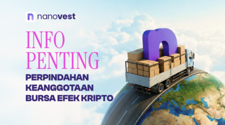 Nanovest logo with a bold pink 'INFO PENTING' headline and a truck loaded with boxes driving on a globe, illustrating crypto market movement.