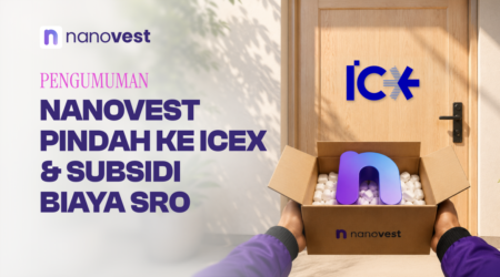 Pengumuman Nanovest pindah ke ICEx & subsidi biaya SRO; logo Nanovest terlihat di kiri, tangan memegang kotak berisi paket di depan pintu.