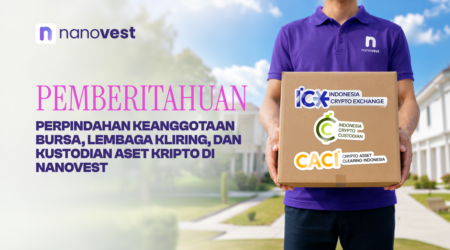 Nanovest banner with a pink Indonesian headline; a person in a purple shirt holds a box bearing crypto logos (ICX, CAC I, Indonesia Crypto Custodian).