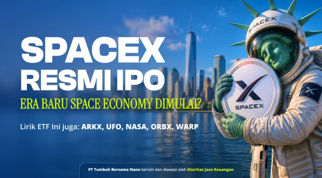 Astronaut in a spacesuit holding a SpaceX emblem with a city skyline and water in the background; bold white headline about SpaceX IPO.