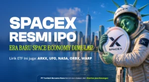 Astronaut in a spacesuit holding a SpaceX emblem with a city skyline and water in the background; bold white headline about SpaceX IPO.