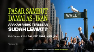Indonesian finance banner showing the headline “Pasar sambut damai AS-Iran” with subhead “Apakah risiko terbesar sudah lewat?” and stock tickers DAL, FDX, NVDA, MSFT, JPM; a Wall Street sign with a dove and a cheering crowd in business attire in the background.