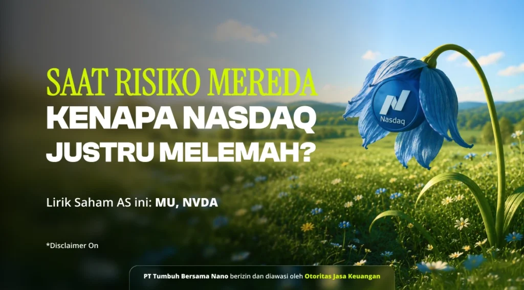 Indonesian promotional banner about NASDAQ weakness, with bold yellow and white text over a field and a blue flower carrying the Nasdaq logo on the right.