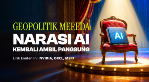 Banner on a stage with lime-green 'GEOPOLITIK MEREDA' and bold white 'NARASI AI' text; a red velvet chair on the right holding a glowing AI-chip tablet.