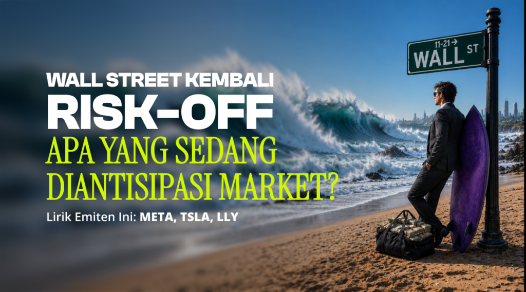 Promotional banner: a man in a suit by a surfboard next to a Wall Street street sign, with bold white and neon-yellow text about risk-off investing.