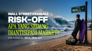 Promotional banner: a man in a suit by a surfboard next to a Wall Street street sign, with bold white and neon-yellow text about risk-off investing.