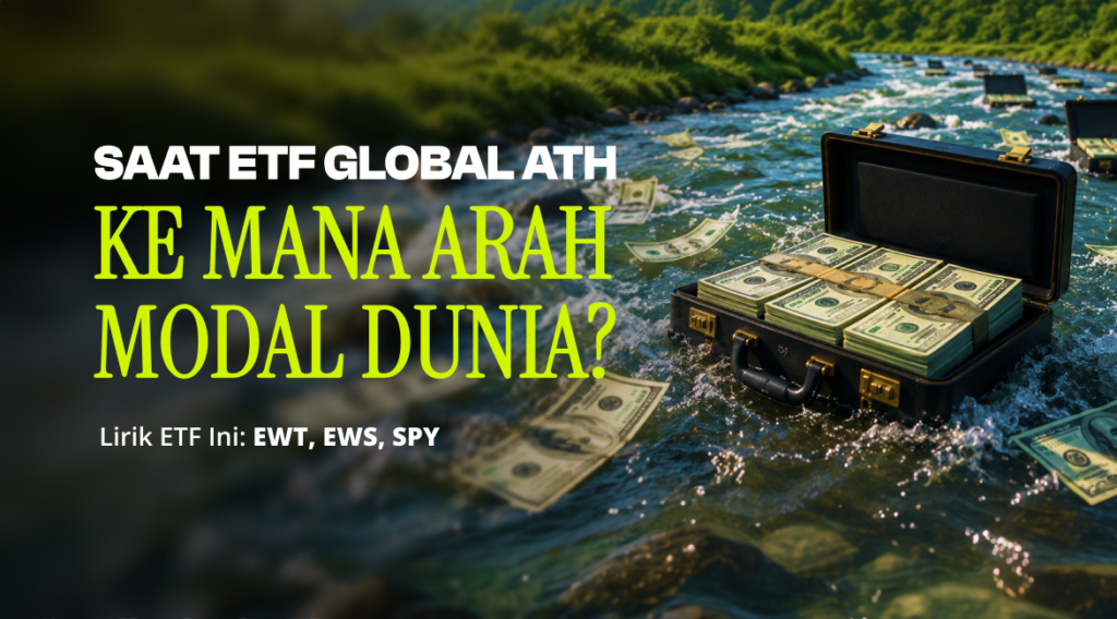 Saat ETF Global ATH, Ke Mana Arah Modal Dunia? Briefcase full of cash afloat on a river beside the bold Indonesian headline about global ETF all-time highs.