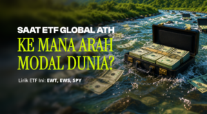 Briefcase full of cash afloat on a river beside the bold Indonesian headline about global ETF all-time highs.