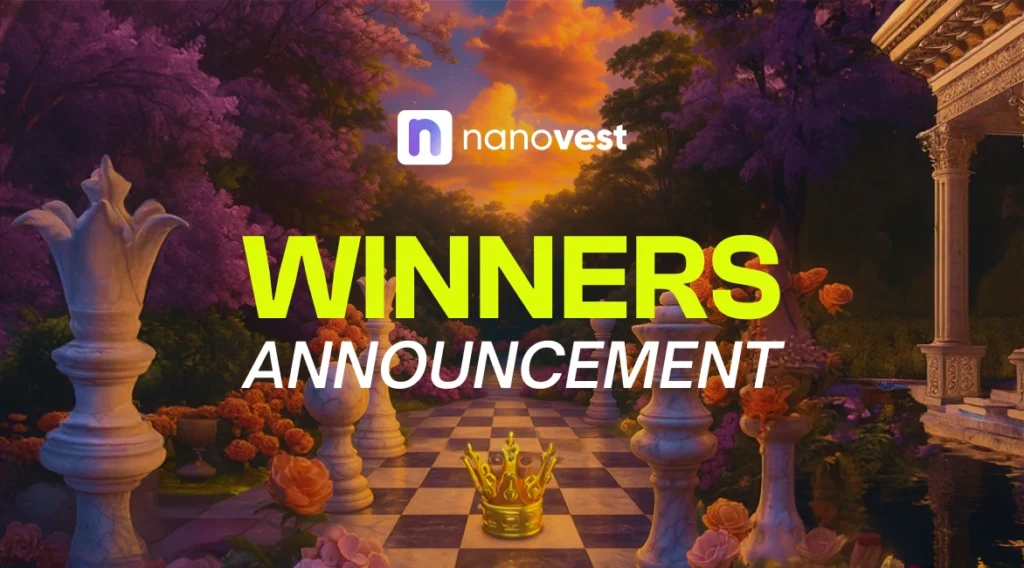 Nanovest winners announcement banner with a glowing yellow 'WINNERS' over a garden chessboard and crown.