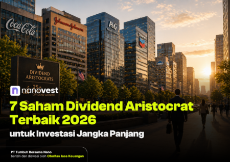 Sunset over a corporate skyline; foreground shows a Dividend Aristocrats sign and a bold Indonesian headline about top dividend stocks for 2026.