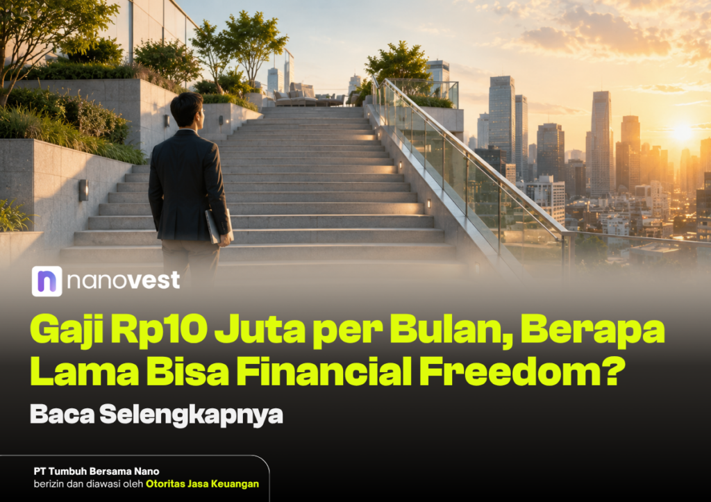 Professional man in a suit on steps overlooking a sunset city skyline; Nanovest branding and a bold headline about earning Rp10 Juta per month.
