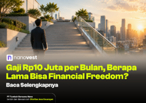 Professional man in a suit on steps overlooking a sunset city skyline; Nanovest branding and a bold headline about earning Rp10 Juta per month.
