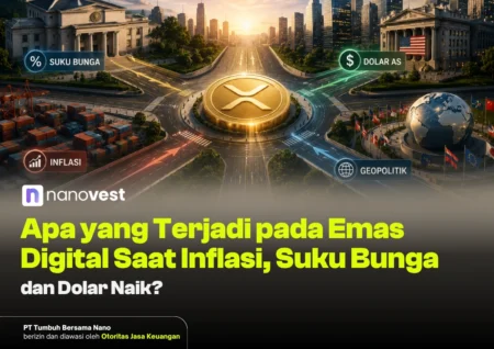 Infographic banner with a central crypto coin at a roundabout crossroads; labels read: Suku Bunga, Dolar AS, Inflasi, Geopolitik; background shows a city skyline, globe, and flags, with the NanoVest logo and Indonesian headline about gold during inflation and rising rates and dollar.