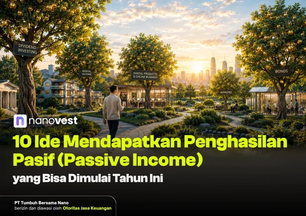 Sunset park scene with investment-topic signs (Dividend Investing, Bonds, Rental Income) and Nanovest branding for a passive income article/guide.