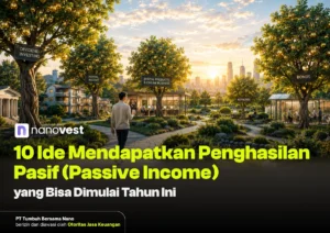 Sunset park scene with investment-topic signs (Dividend Investing, Bonds, Rental Income) and Nanovest branding for a passive income article/guide.