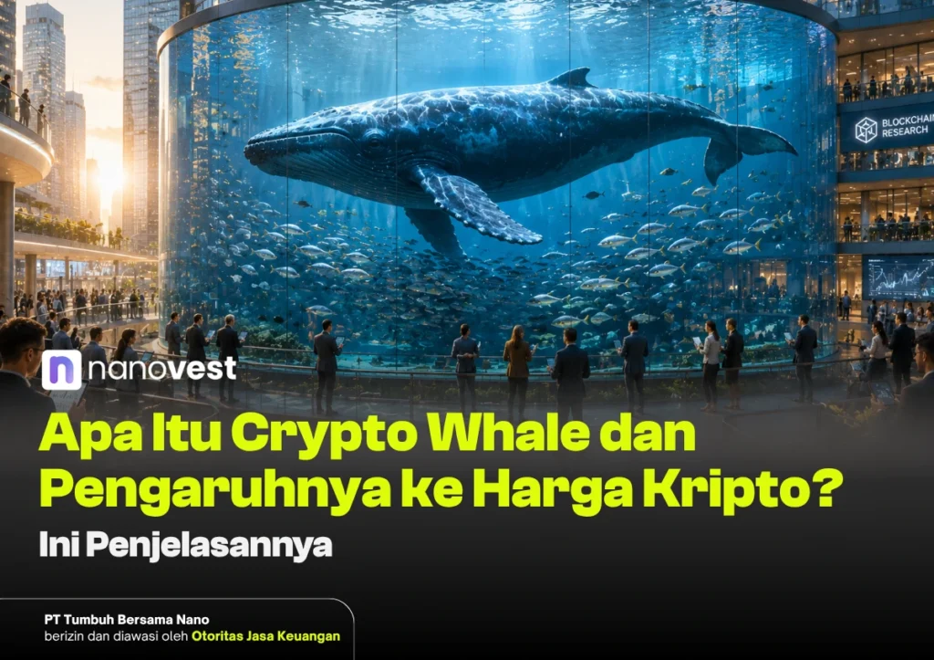 Hero image of a giant whale tank in a modern atrium with people gazing at the display; overlaid article title about what a crypto whale means for crypto prices (Nanovest).
