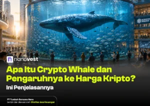 Hero image of a giant whale tank in a modern atrium with people gazing at the display; overlaid article title about what a crypto whale means for crypto prices (Nanovest).