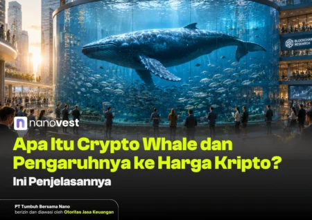 Hero image of a giant whale tank in a modern atrium with people gazing at the display; overlaid article title about what a crypto whale means for crypto prices (Nanovest).