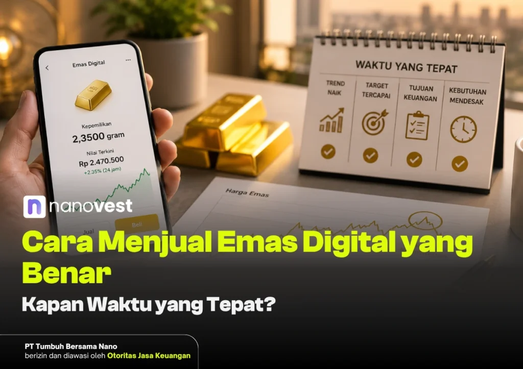 Phone screen showing digital gold app with gold bars and a rising chart on a desk.