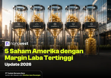 Five glass capsules filled with gold bars labeled A–E on a futuristic podium, logo and bold Indonesian headline about top-margin U.S. stocks (2026).