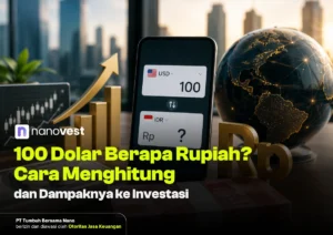 Thumbnail of a financial scene: smartphone showing USD 100 vs IDR, globe, and rising gold bars for currency and investment themes in Indonesian.
