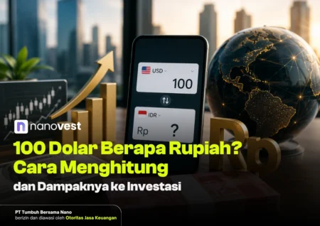 Thumbnail of a financial scene: smartphone showing USD 100 vs IDR, globe, and rising gold bars for currency and investment themes in Indonesian.