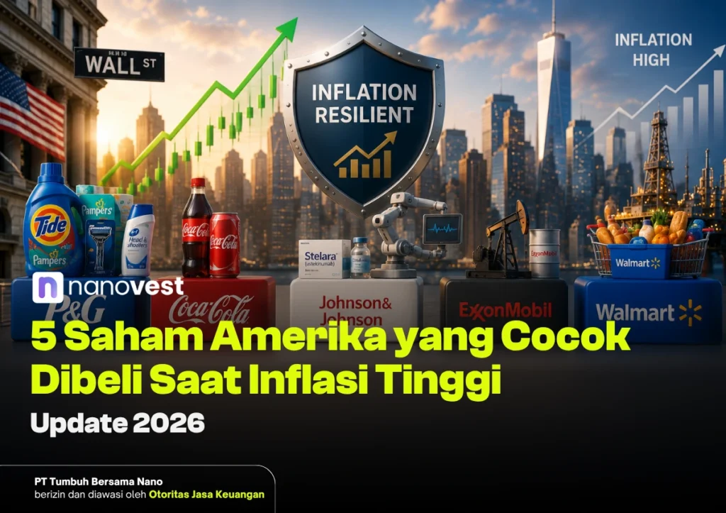 Collage showing inflation-resilient stocks with brand logos (Walmart, Coca‑Cola, ExxonMobil) and a shield marked Inflation Resilient over a city skyline and groceries.
