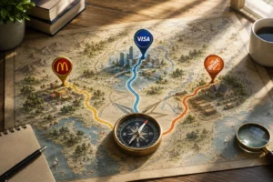 Map on a desk with colored routes and pins for McDonald's, Visa, and Home Depot, plus a compass and magnifying glass.