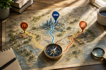 Map on a desk with colored routes and pins for McDonald's, Visa, and Home Depot, plus a compass and magnifying glass.