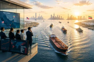 Group of professionals on a balcony overlooking busy shipping lanes and a skyline at sunset, with large screens displaying maps and market data.