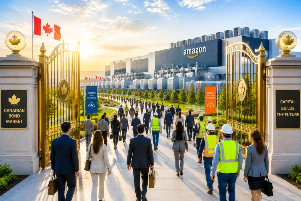 Amazon Cetak Rekor Baru di Pasar Obligasi Kanada Professionals in suits walk toward a modern Amazon campus behind ornate gates and a Canadian flag.