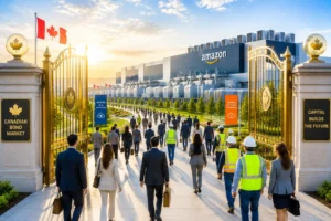 Professionals in suits walk toward a modern Amazon campus behind ornate gates and a Canadian flag.