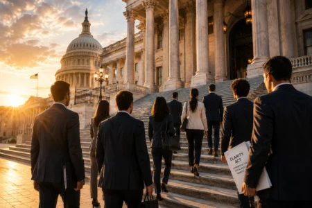 Perusahaan Kripto Desak Senat AS Loloskan RUU CLARITY A line of businesspeople in suits ascend the marble steps of a grand capitol building at sunset, one holding a folder labeled Clarity Act
