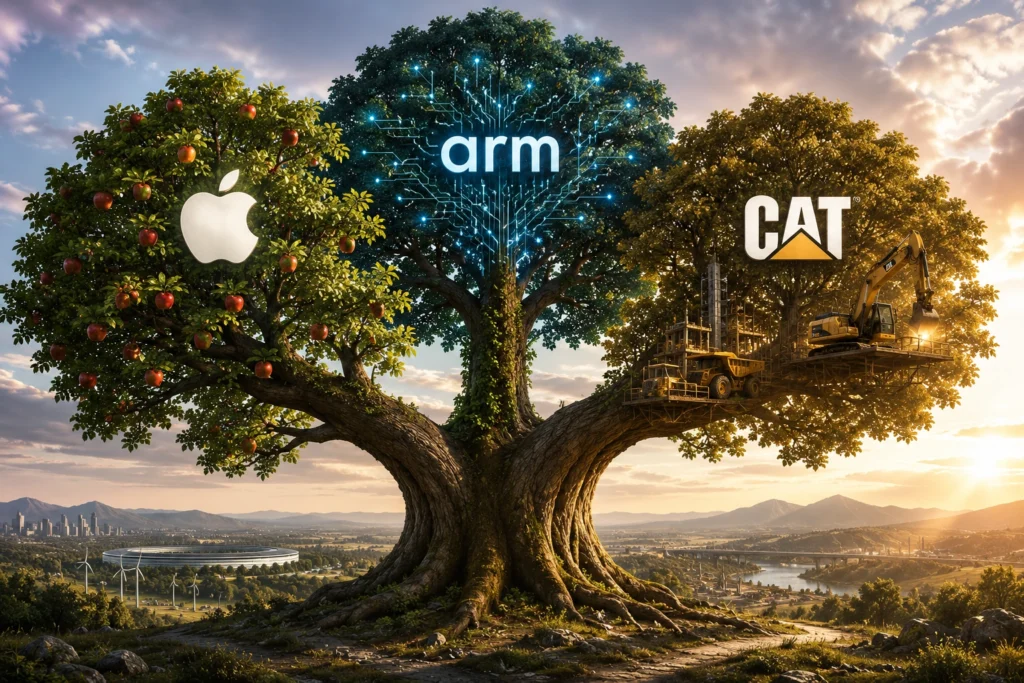 Tree with three logos: Apple on the left, ARM in the center, and CAT on the right among branches and construction gear above a landscape.