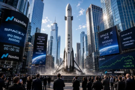 SpaceX rocket on a launch pad amid towering Nasdaq signage and skyscrapers, surrounded by suited crowds watching a livestream event.