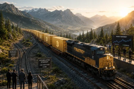 Locomotive labeled STRATEGY pulls a long line of yellow container cars along a mountain railway as spectators watch from a platform, with a market-chart display nearby.