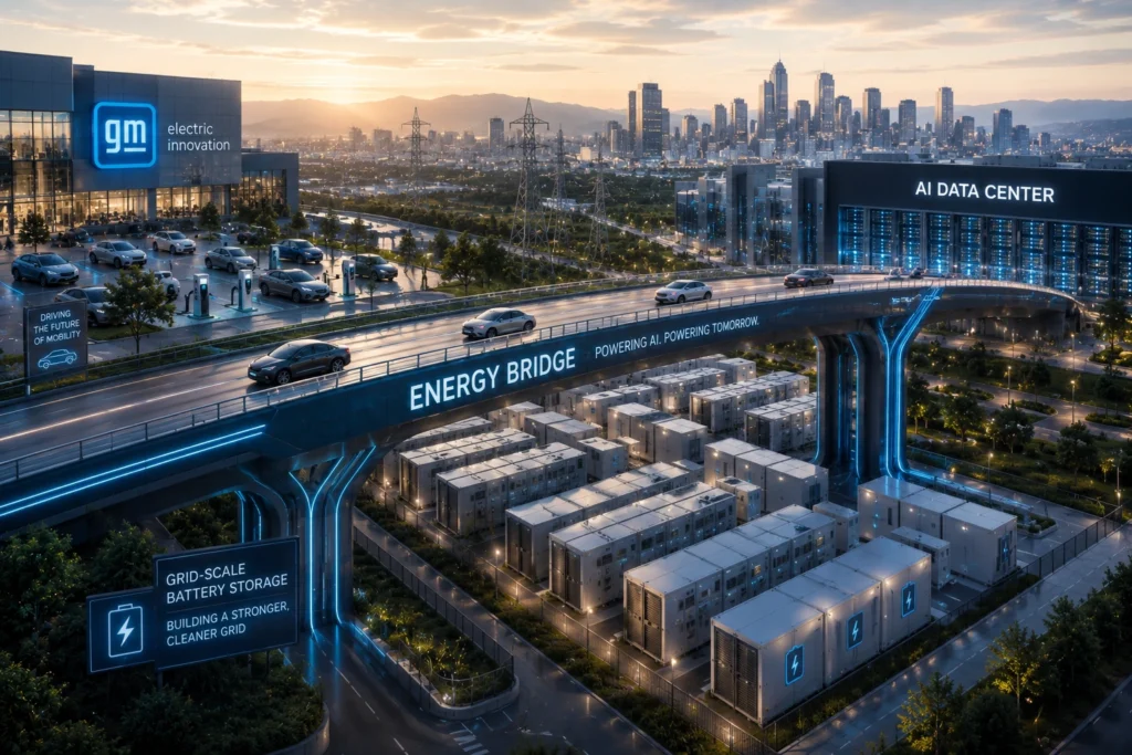 Futuristic GM electric innovation campus at sunset with a glowing Energy Bridge over battery storage rows and an AI Data Center in the distance, skyline in the background.