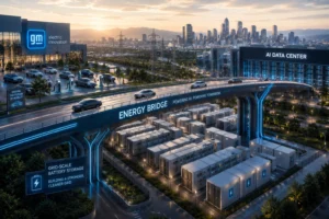 Futuristic GM electric innovation campus at sunset with a glowing Energy Bridge over battery storage rows and an AI Data Center in the distance, skyline in the background.