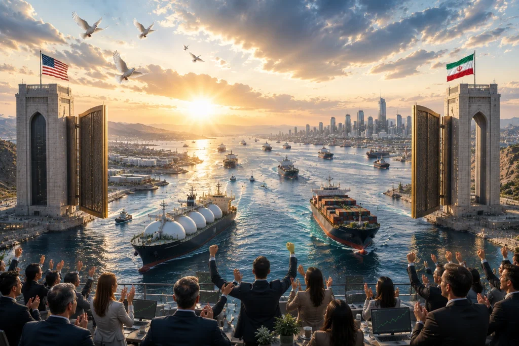 Conference audience cheers as massive cargo ships sail through open gates flanked by US and Iran flags at sunset, symbolizing a new trade corridor.