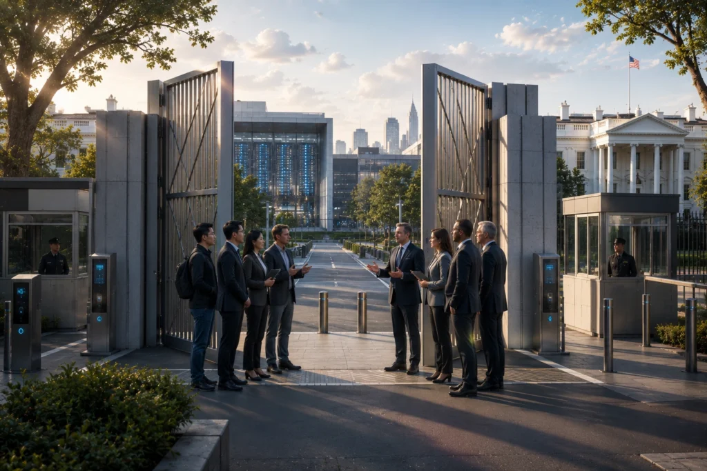 Anthropic Negosiasi dengan Gedung Putih Soal Model AI Group of professionals in suits facing each other and discussing at a secure gate with a city skyline in the distance.