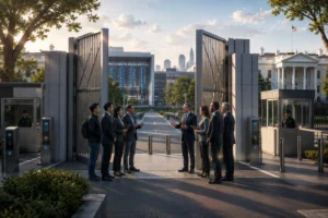 Group of professionals in suits facing each other and discussing at a secure gate with a city skyline in the distance.