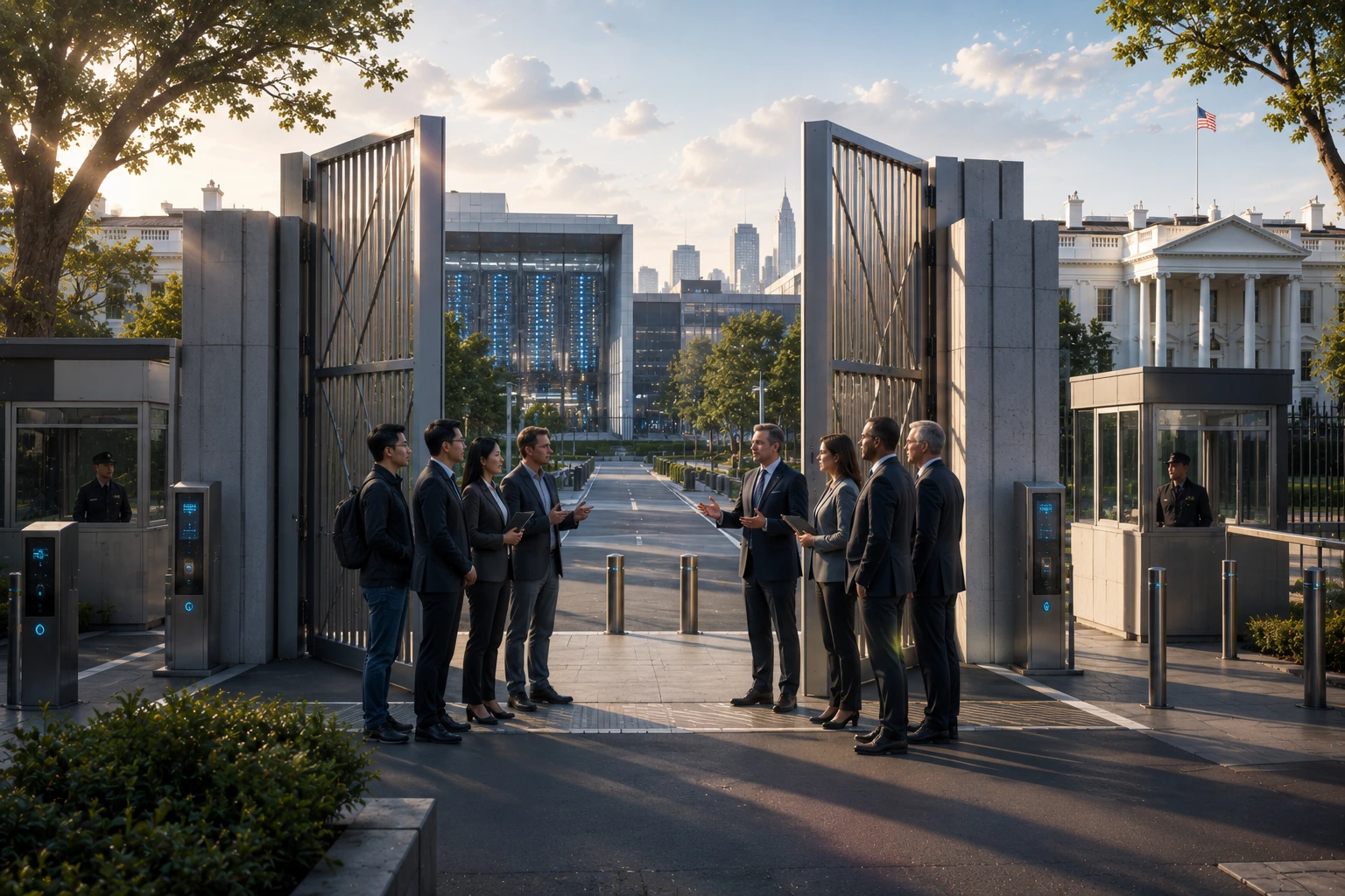 Group of professionals in suits facing each other and discussing at a secure gate with a city skyline in the distance.