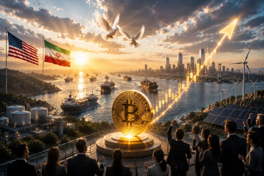 Bitcoin statue on pedestal as a crowd applauds at sunset beside a harbor and city skyline.