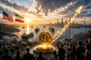 Bitcoin statue on pedestal as a crowd applauds at sunset beside a harbor and city skyline.