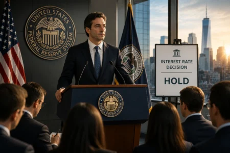 The Fed Diprediksi Tahan Suku Bunga, Pasar Tunggu Warsh Speaker at a podium during a Federal Reserve press briefing, with the Fed seal and American flag behind him.