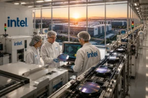Intel engineers in cleanroom suits inspecting a silicon wafer beside an automated production line with a sunset cityscape visible through large windows, branding visible on the equipment