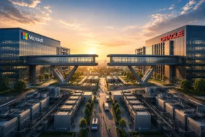 Sunset over a high-tech campus with Microsoft and Oracle glass buildings connected by a skybridge, and rows of data centers in the foreground.